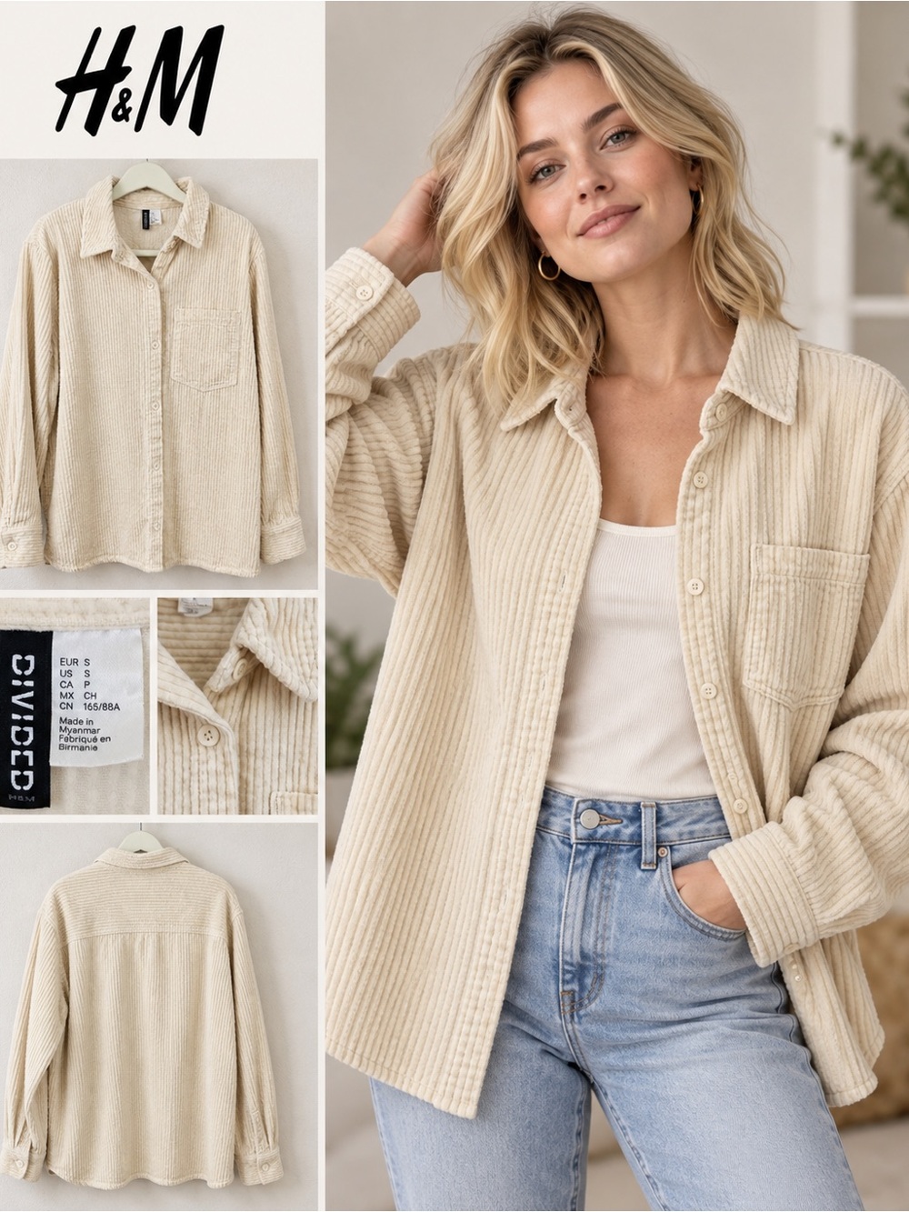 H&M Divided Corduroy Button-Down Blouse Beige/Tan Size S